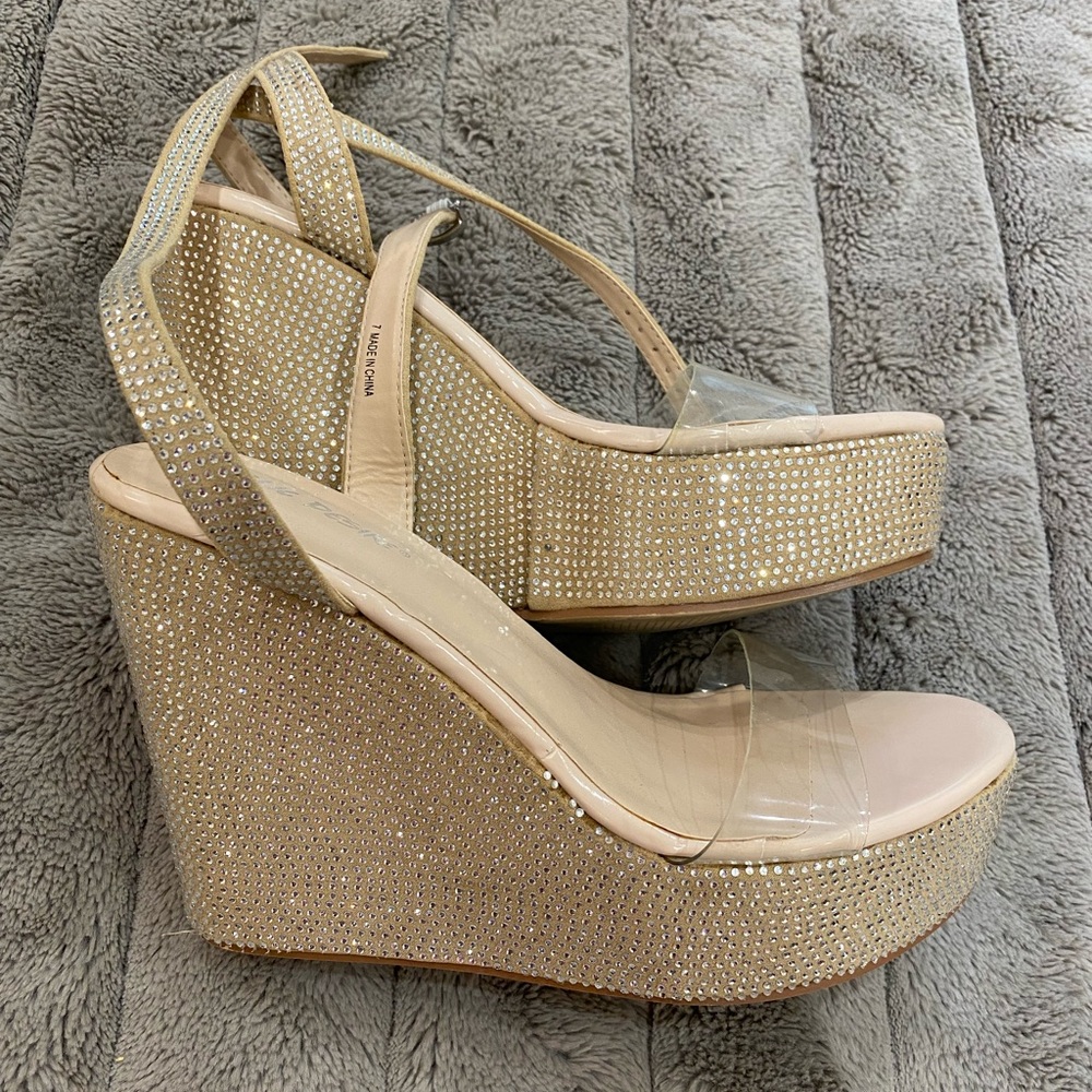 Public Desire Beige Wedge Platform Crystals Shoes, Size US 9